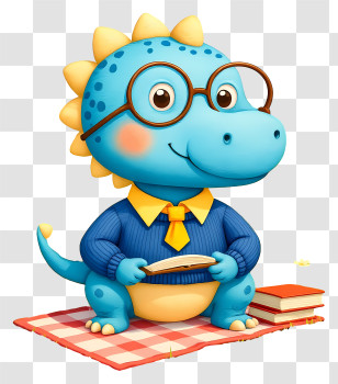 Dinosaur Mascot Studying - Blue Dinosaur Reading On Picnic Mat Transparent PNG