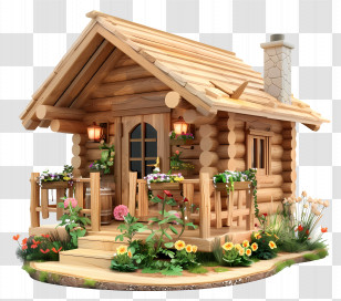 Wooden Cabin - Cozy Wooden Log Cabin With Floral Garden Transparent PNG