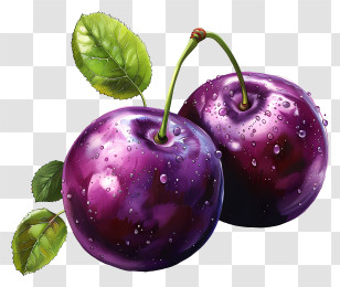Plums - Glowing Purple Plums With Dew And Leaves Transparent PNG