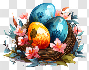 Easter Egg - Decorative Easter Eggs In A Floral Nest Transparent PNG