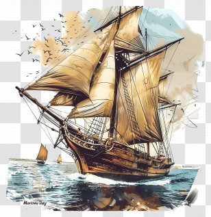 Maritime Day - Sailing Ship On The Open Sea Transparent PNG