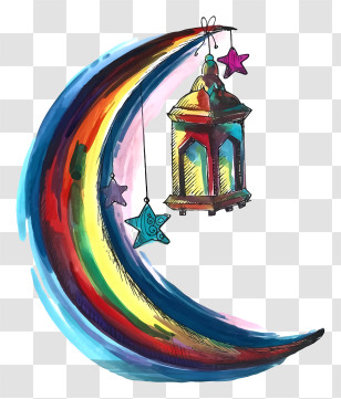Crescent Moon Painting - Colorful Lantern Hanging From Crescent Moon Transparent PNG