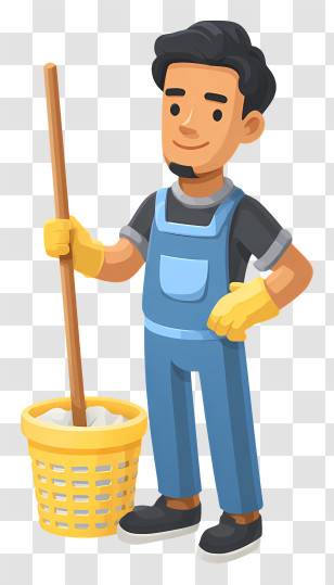Man Doing Floor Cleaning - Cartoon Janitor Ready To Clean Transparent PNG