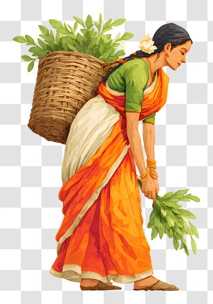 Rural Indian Woman - Woman Carrying Basket Of Leaves In Sari Transparent PNG