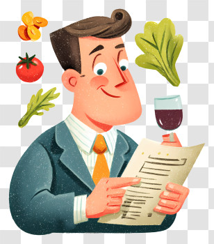 Businessman Testing Food - Man Reading Menu With Wine And Vegetables Transparent PNG