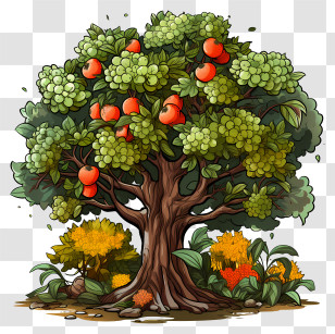 Fruit Tree - Illustration Of A Tree With Apples And Green Fruit Clusters Transparent PNG