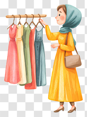 Muslim Woman Choosing Dress - Modest Fashion Shopping Illustration Transparent PNG