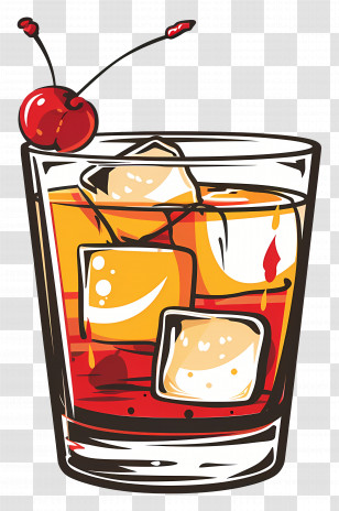Tropical Alcoholic Cocktail - Whiskey Glass With Ice And Cherry Transparent PNG