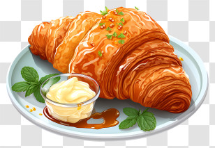 Croissant - Gourmet Croissant With Sauce And Mint Garnish Transparent PNG