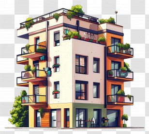 Apartment - Modern Apartment Building With Green Balcony Design Transparent PNG