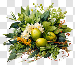 Painting - Green Pears And Flowers In Botanical Arrangement Transparent PNG
