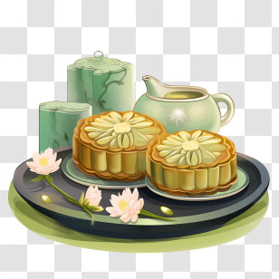 Green Mooncake - Mooncakes With Tea Set For Mid-Autumn Festival Transparent PNG