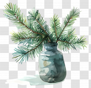 Fir Branches - Vase With Pine Branches Watercolor Painting Transparent PNG