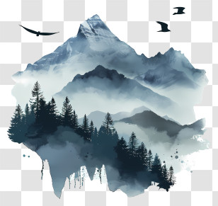 Mountain Silhouette - Beautiful Mountain Landscape With Trees And Birds Transparent PNG