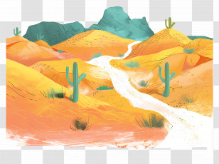 Desert Landscape - Illustrated Desert Landscape With Sand Dunes And Cacti Transparent PNG