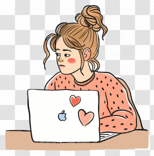 Cartoon Woman Working - Girl Working On Laptop With Heart Stickers Transparent PNG