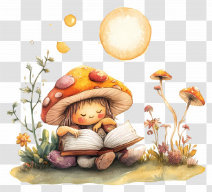 September Equinox - Cute Girl Reading Under Mushroom Transparent PNG
