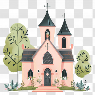 Wedding Venue - Pink Cartoon Church With Trees Illustration Transparent PNG