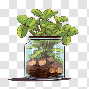 World Thrift Day - Mason Jar With Coins And Plant For Financial Growth Transparent PNG
