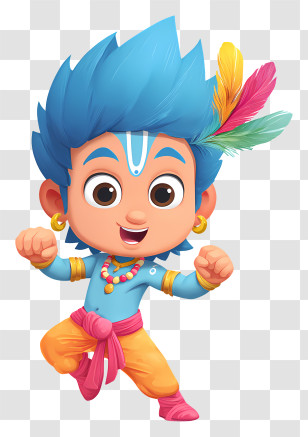 Playful Lord Krishna - Energetic Blue-Haired Cartoon Boy Transparent PNG