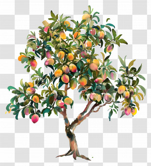 Mango Tree - Peach Tree With Colorful Fruits And Green Leaves Transparent PNG