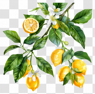 Lemon Branch - Citrus Lemon Tree Branch With Flowers And Fruits Transparent PNG