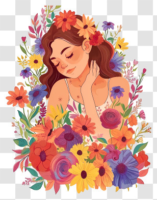 Flat Woman And Flowers - Artistic Woman Surrounded By Flowers Illustration Transparent PNG
