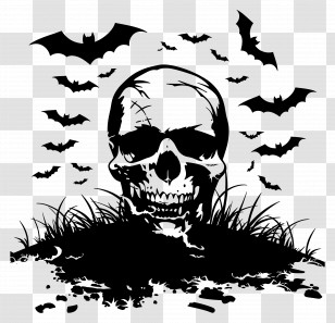 Halloween Silhouette - Skull And Bats Silhouette For Halloween Transparent PNG