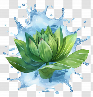 Watercolor Lotus Leaf - Green Lotus With Water Splash Transparent PNG