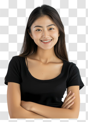 Model - Smiling Woman In Black Shirt With Arms Crossed Transparent PNG