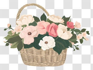 Valentine Flower Art - Wicker Basket Of Pastel Flowers Transparent PNG