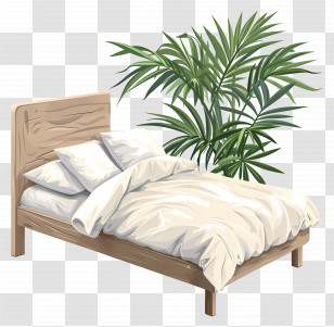 Modern Bed - Cozy Bed With Pillows And Plant Transparent PNG