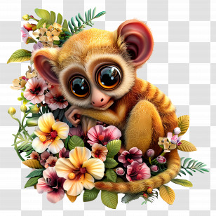 Slow Loris Cartoon - Cute Animal Surrounded By Flowers Transparent PNG