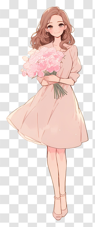 Anime Woman With Flower - Graceful Woman Holding Pink Bouquet Transparent PNG