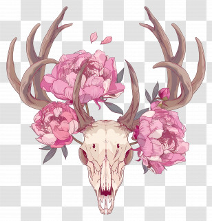 Deer Skull - Deer Skull With Antlers And Pink Flowers Transparent PNG