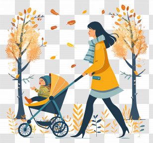 Woman Pushing Stroller - Mother And Child Walking In Autumn Outdoors Transparent PNG