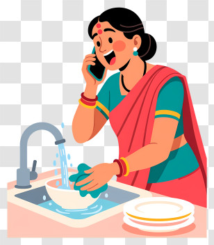 Indian Woman Washing Dishes - Multitasking Woman Washing Dishes Transparent PNG