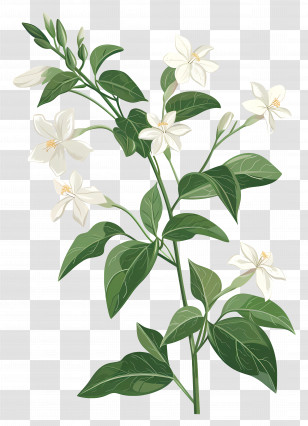 Jasmine Vine - Illustration Of Jasmine Flower Plant With Green Leaves Transparent PNG