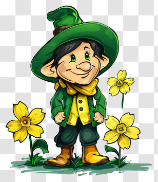 St Davids Day - Cartoon Leprechaun Holding Spring Flowers Transparent PNG