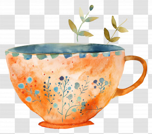 Tea Cup - Floral Ceramic Teacup Watercolor Illustration Transparent PNG