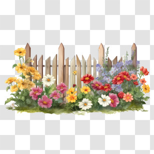 Wooden Garden Fence - Spring Garden Scene With Flowers And Fence Transparent PNG
