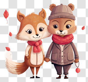 Cartoon Characters - Fox And Bear Couple In Autumn Transparent PNG