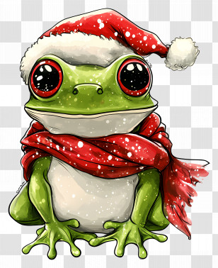Christmas Frog - Cute Green Frog In Santa Hat And Scarf Transparent PNG