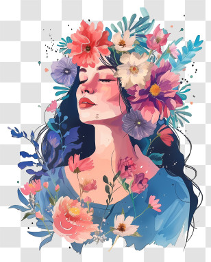 Watercolor Woman And Flowers - Woman Surrounded By Colorful Floral Artwork Transparent PNG