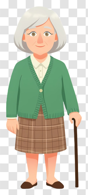 Old Woman With Stick - Elderly Woman With Cane In Green Cardigan Transparent PNG