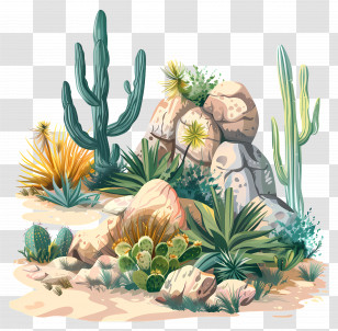 Desert Vegetation - Desert Landscape With Cacti And Rocks Transparent PNG