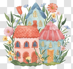Cartoon - Whimsical Fairy Tale Houses With Flowers Transparent PNG