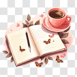 Dear Diary Day - Notebook And Coffee With Butterflies Transparent PNG