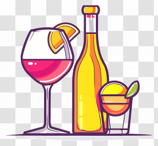 Alcohol - Wine Glass And Cocktail Illustration With Bottle Transparent PNG