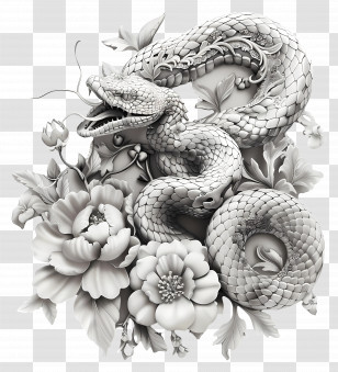 Chinese Zodiacs - Monochrome Snake And Flowers Art Transparent PNG